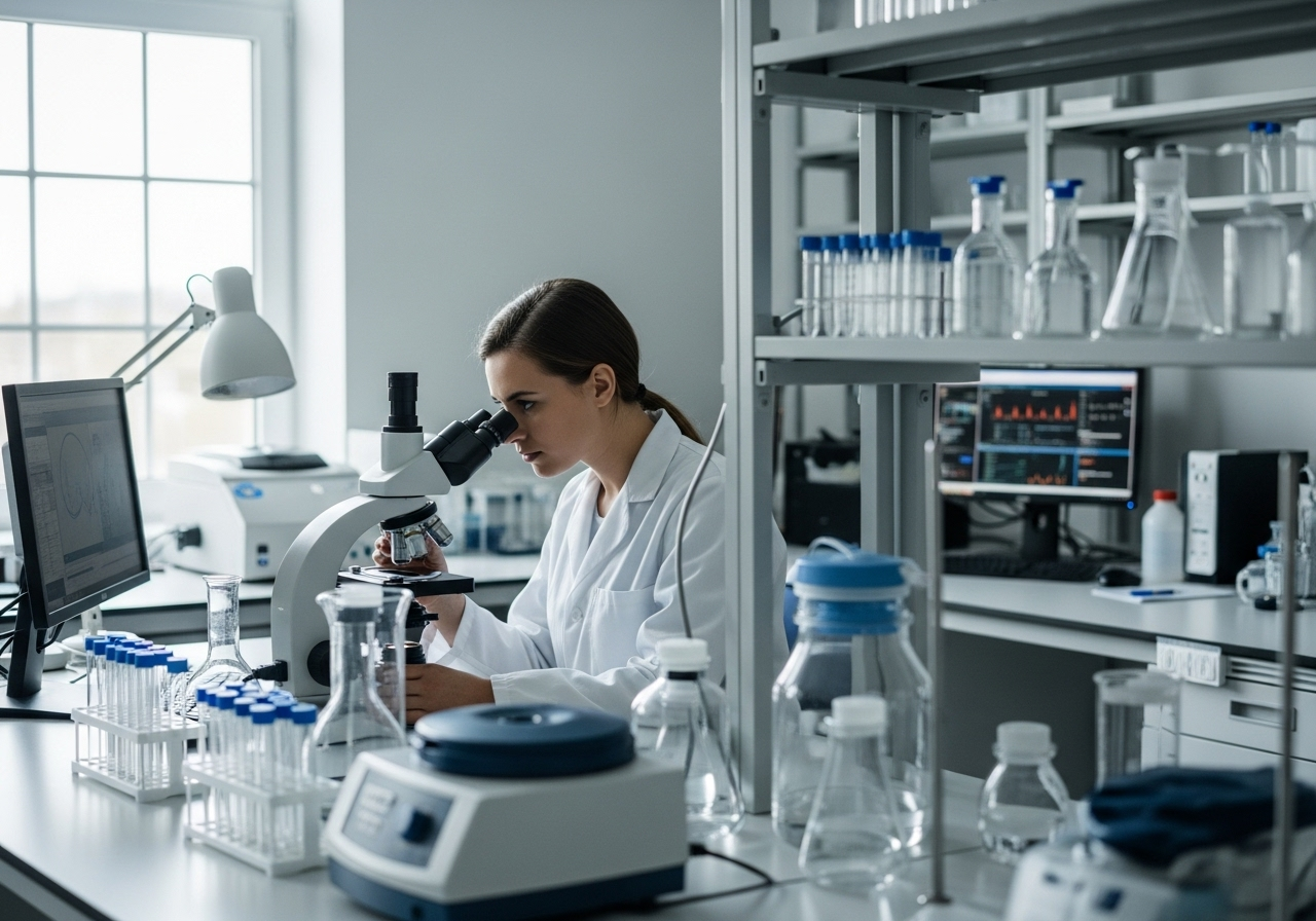 Young scientist using microscope in laboratory