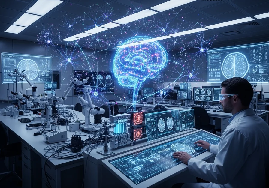 Advanced neuroscience laboratory with futuristic brain visualization technology